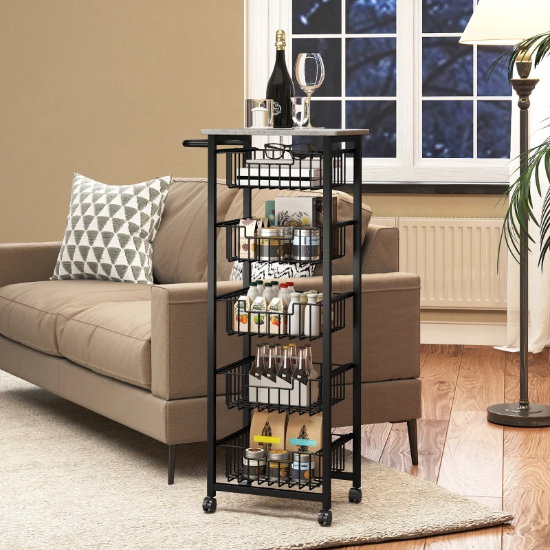 HOMCOM Five Basket Mobile Kitchen Island, with Brakes - Grey/Black