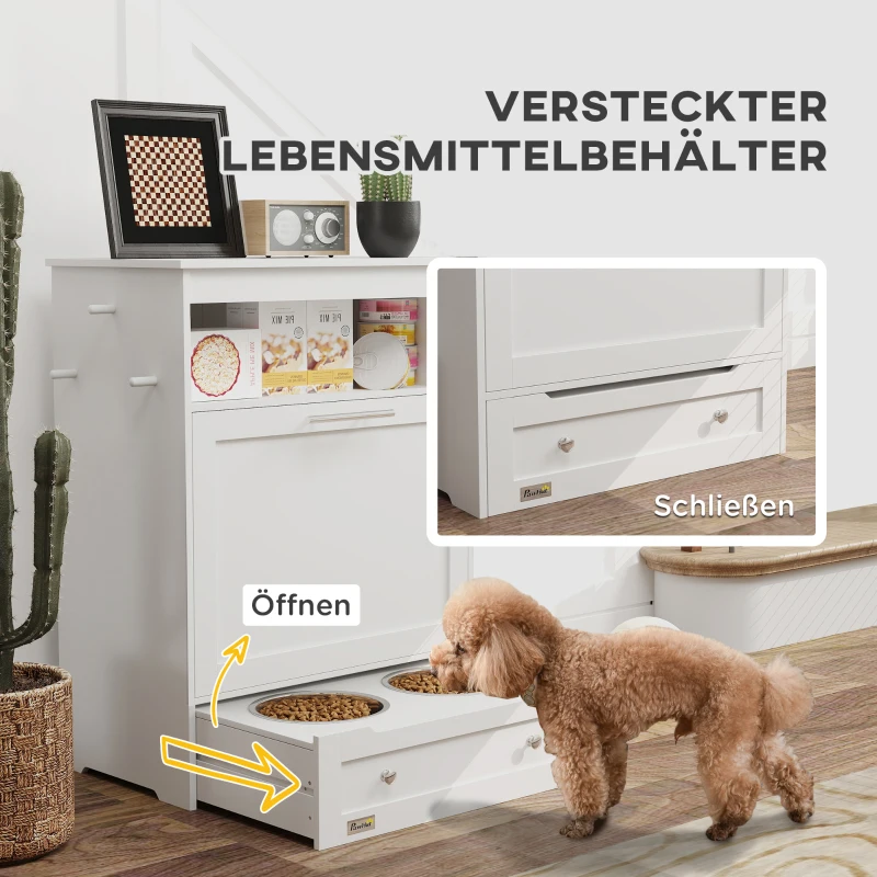 PawHut Futterstation für Haustiere, Aufbewahrungsschrank für Haustierbedarf, mit Futterschüsseln, Haken für Leinen, MDF, Weiß