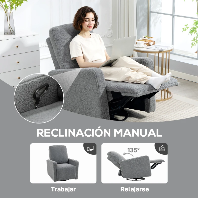 HOMCOM Sillón Relax Reclinable Manual hasta 135º con Reposabrazos Reposapiés Acolchado Grueso y Función de Balanceo 360° Gris