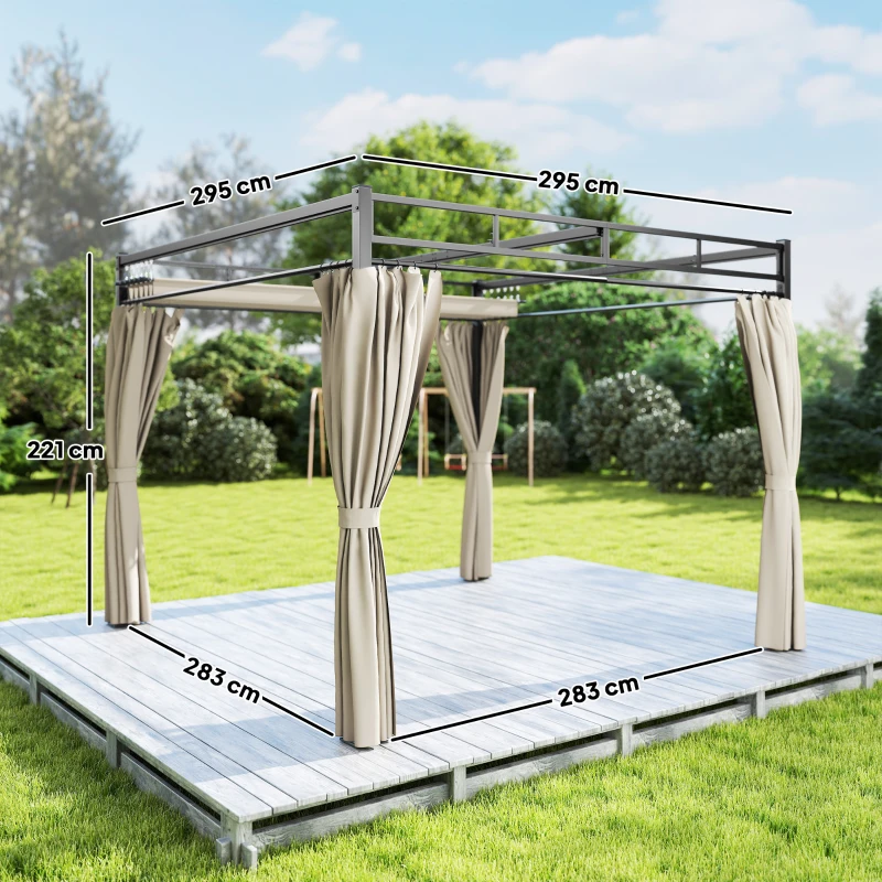 Outsunny Gartenpergola 3x3 m mit verstellbarem Dach und Vorhängen UV30+ Metallgestell für Patio Terrasse Beige