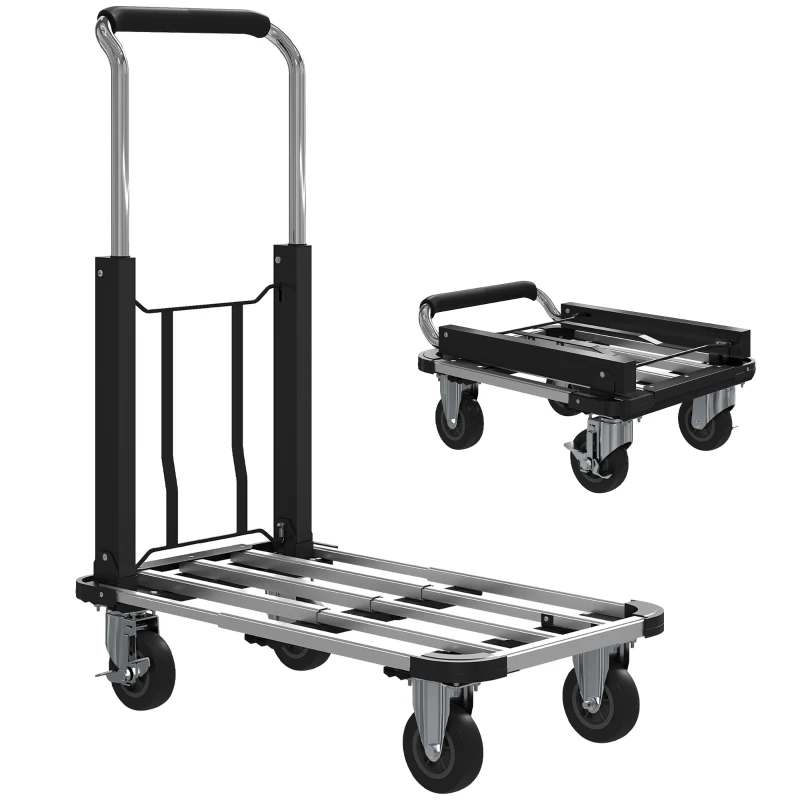 HOMCOM Carro de Transporte Dobrável de Alumínio com Rodas Plataforma Extensível e Pega Ajustável  71,5x42x95 cm Prata e Preto