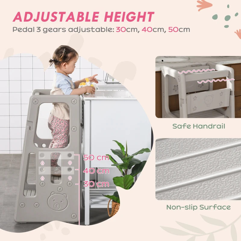 HOMCOM Kids Step Stool, with Adjustable Platform and Non-Slip Mat – Grey