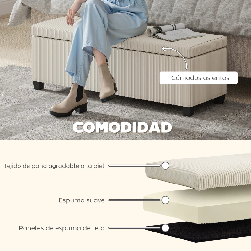 HOMCOM Banco Almacenaje Capacidad de 84 L 112x42x40cm Tapizado en Pana Pie de Cama para Sala de Estar Dormitorio Beige