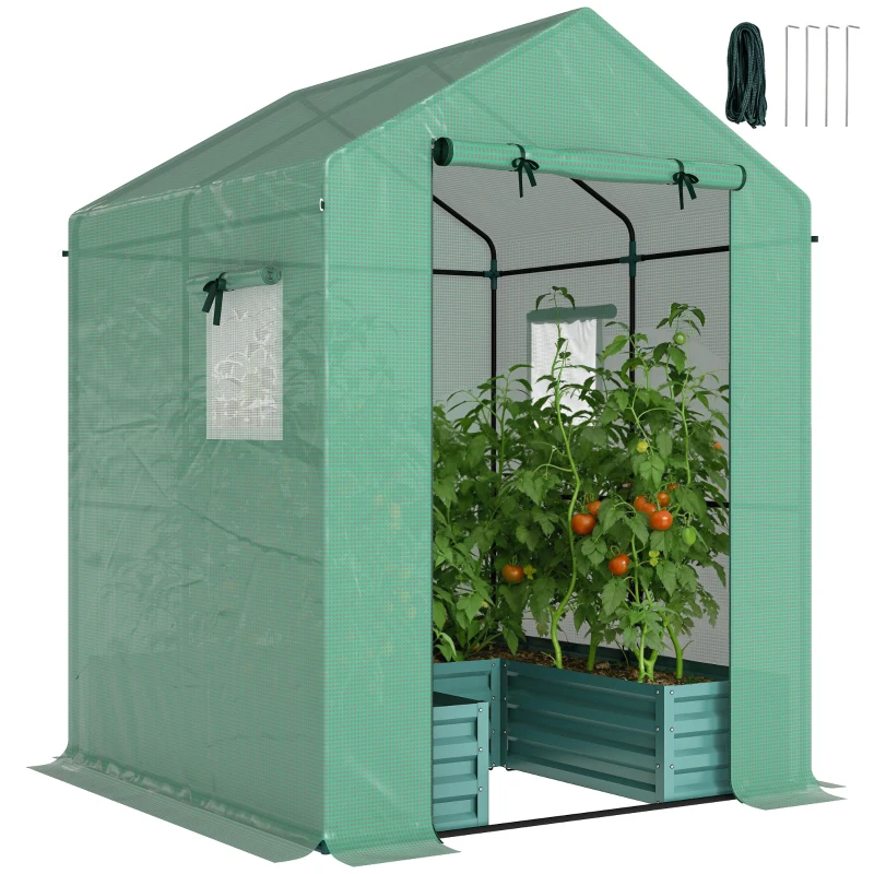 Outsunny Mini Greenhouse with Raised Garden Bed, Galvanised Walk-in Greenhouse with Roll Up Windows, 56" x 56" x 75", Green