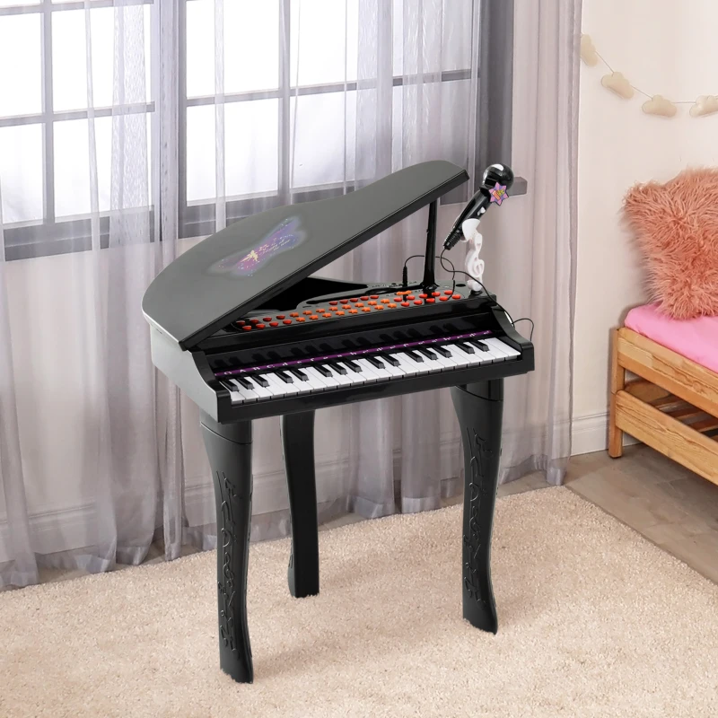 HOMCOM Piano à Queue électronique 37 Touches Multifonctions avec Micro Haut Parleur, lumière LED, fonction d'enregistrement et de relecture, instrument de musique enfant 3 à 6 ans Noir