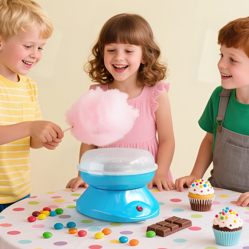 HOMCOM Máquina de Algodão Doce Potência 450W-550W Doce com Colher Medidora e 10 Palitos de Bambu 27x26x18 cm Azul