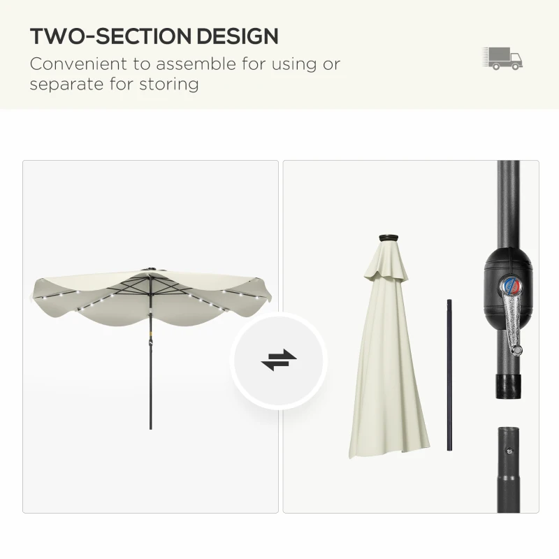 Outsunny Solar Patio Umbrella with LED and Tilt, Outdoor Market Table Umbrella Parasol with Crank, 3 x 3 (m), Cream White