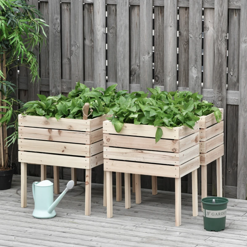 Outsunny Jardinières sur Pieds carrés potagers - Lot de 4 jardinières sur Pied modulables - dim. 50L x 30l x 60H cm - Inserts d'irrigation Film Protecteur - Bois Sapin Naturel