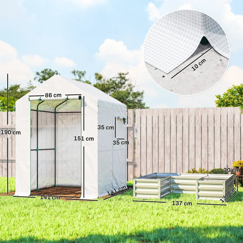 Outsunny Mini Greenhouse with Raised Garden Bed, Galvanised Walk-in Greenhouse with Roll Up Windows, 56" x 56" x 75", White