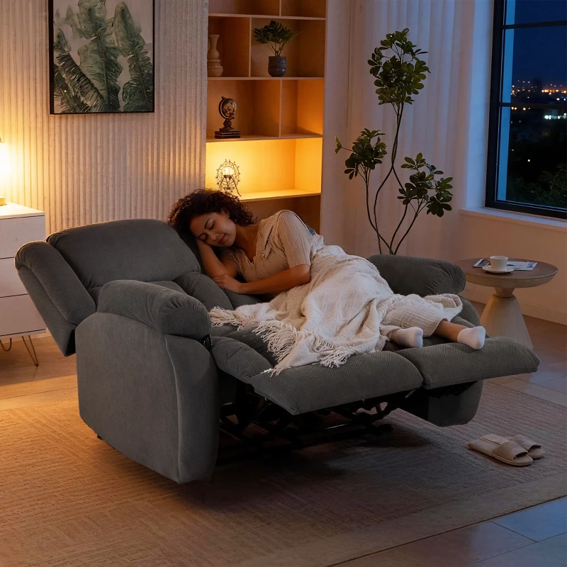 HOMCOM Sillón de 2 Plazas Relax Reclinable Manual Sillón Relax Tapizado en Terciopelo Reposapiés Ajustable Asiento Amplio Gris