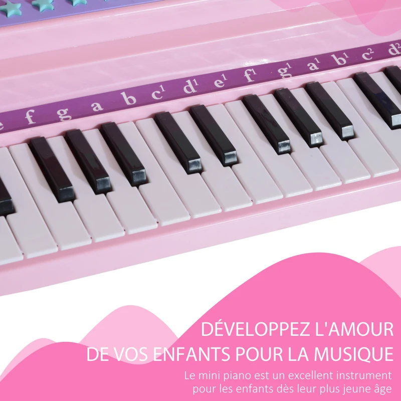 HOMCOM Piano à Queue électronique 37 Touches Multifonctions avec Micro Haut Parleur, lumière LED, fonction d'enregistrement et de relecture, instrument de musique enfant 3 à 6 ans Rose