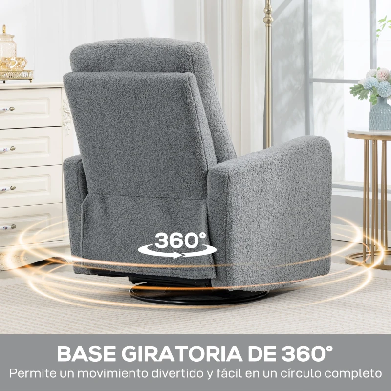HOMCOM Sillón Relax Reclinable Manual hasta 135º con Reposabrazos Reposapiés Acolchado Grueso y Función de Balanceo 360° Gris