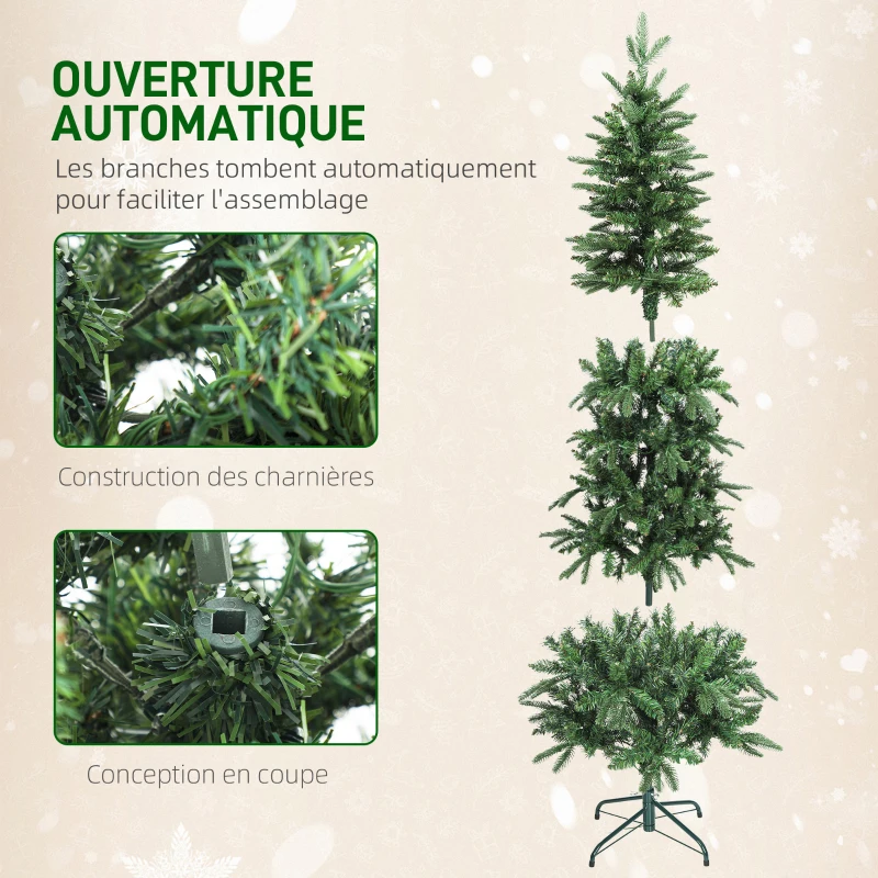 HOMCOM Sapin de Noël artificiel 180 cm, arbre de Noël slim avec 200 lumières 8 modes d'éclairage 605 branches articulées, vert