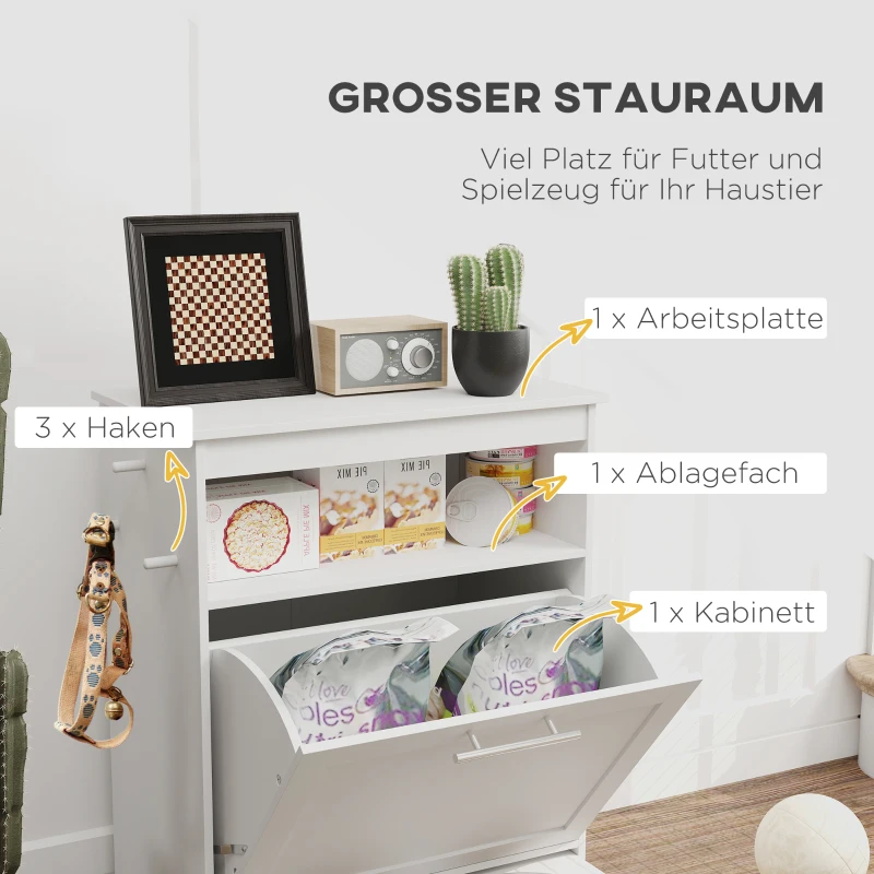 PawHut Futterstation für Haustiere, Aufbewahrungsschrank für Haustierbedarf, mit Futterschüsseln, Haken für Leinen, MDF, Weiß