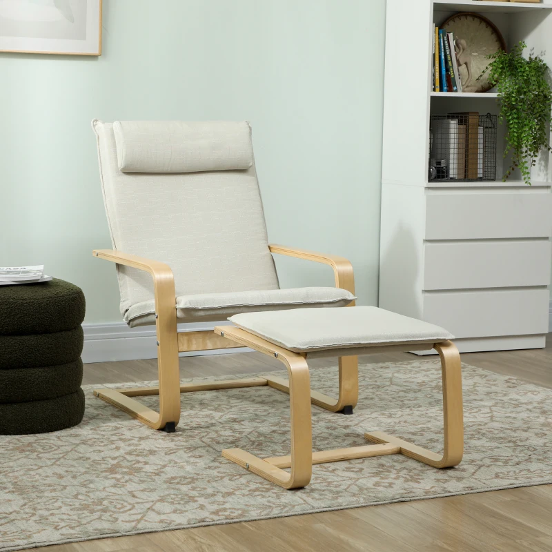 HOMCOM Sillón con Reposapiés Sillón Lectura con Respaldo Alto Reposacabezas Extraíble Patas de Madera y Tapizado en Lino Crema