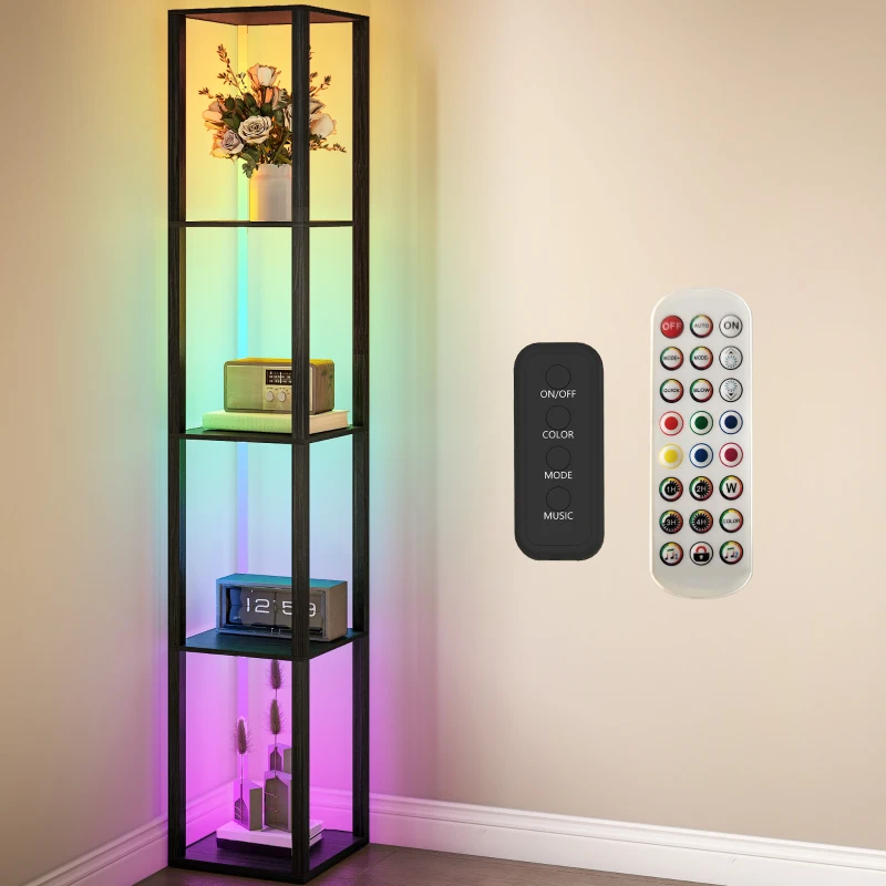 HOMCOM RGB LED Floor Lamp with Shelves, Modern Dimmable Standing Lamp with Remote Control, Adjustable Brightness & Speed for Living Room, Bedroom, Office, Black