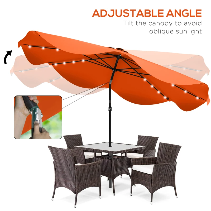 Outsunny Solar Patio Umbrella with LED and Tilt, Outdoor Market Table Umbrella Parasol with Crank, 3 x 3 (m), Orange