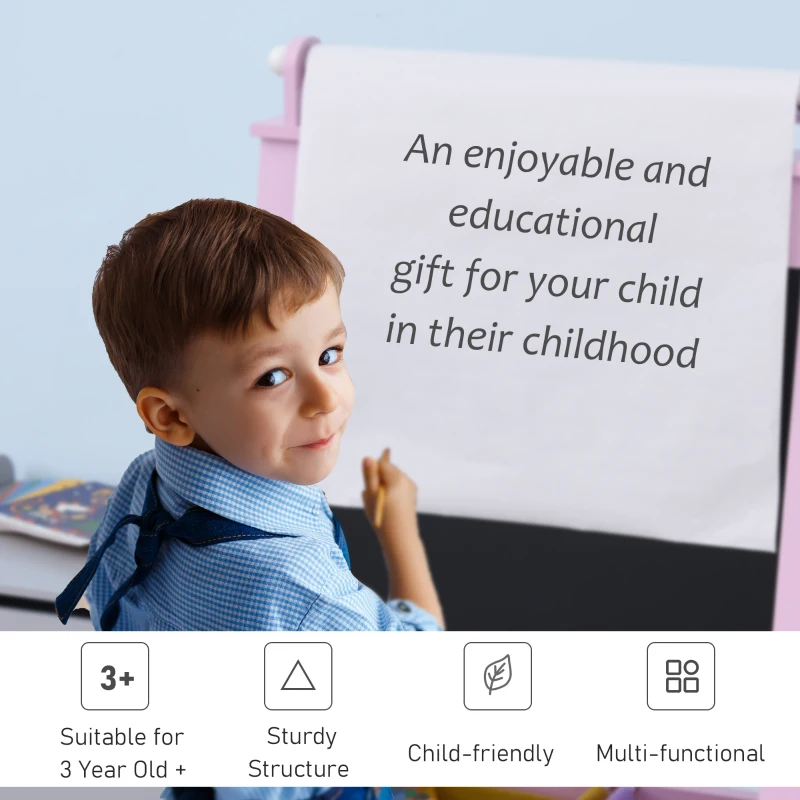 HOMCOM Kids Easel 3 in 1 Wooden Art Easel with Paper Roll Double-Sided Chalkboard & Whiteboard with Storage Baskets for Toddler Girls, Pink