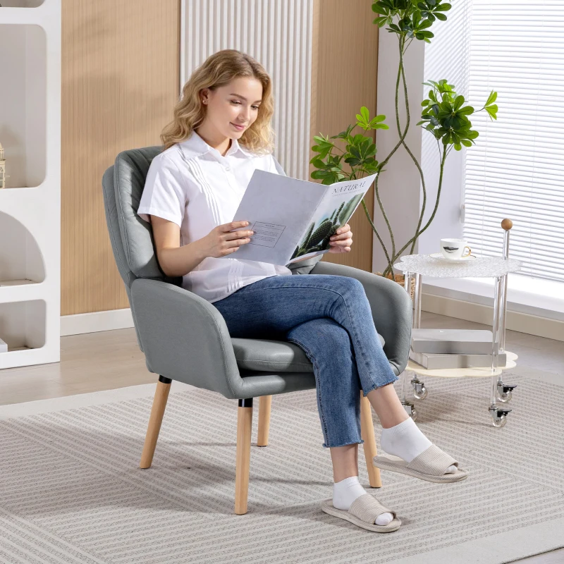 HOMCOM Sillón de Salón Moderno Acolchado de Doble Capa Tapizado en Cuero Sintético Patas de Madera 68x74x89 cm Gris