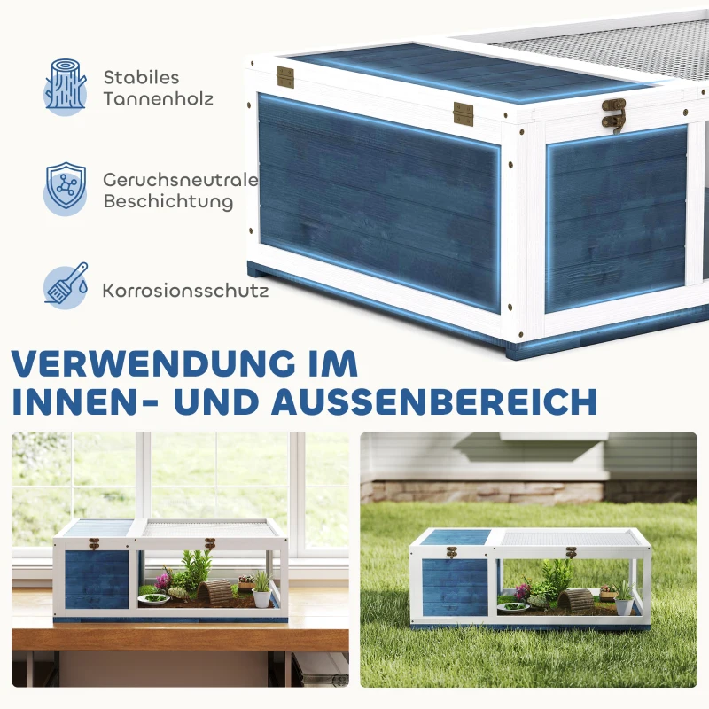 PawHut Schildkrötenhaus aus Holz Schildkrötengehege mit Haupthäusern aufklappbarem Oberseite 91x60,5x32 cm, Blau