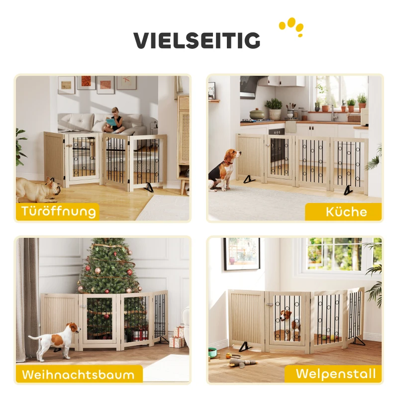 PawHut Freistehendes Haustiertor, Hundegitter mit Tür, 4 Paneele, für Flur, Treppe, Türrahmen, MDF, Stahl