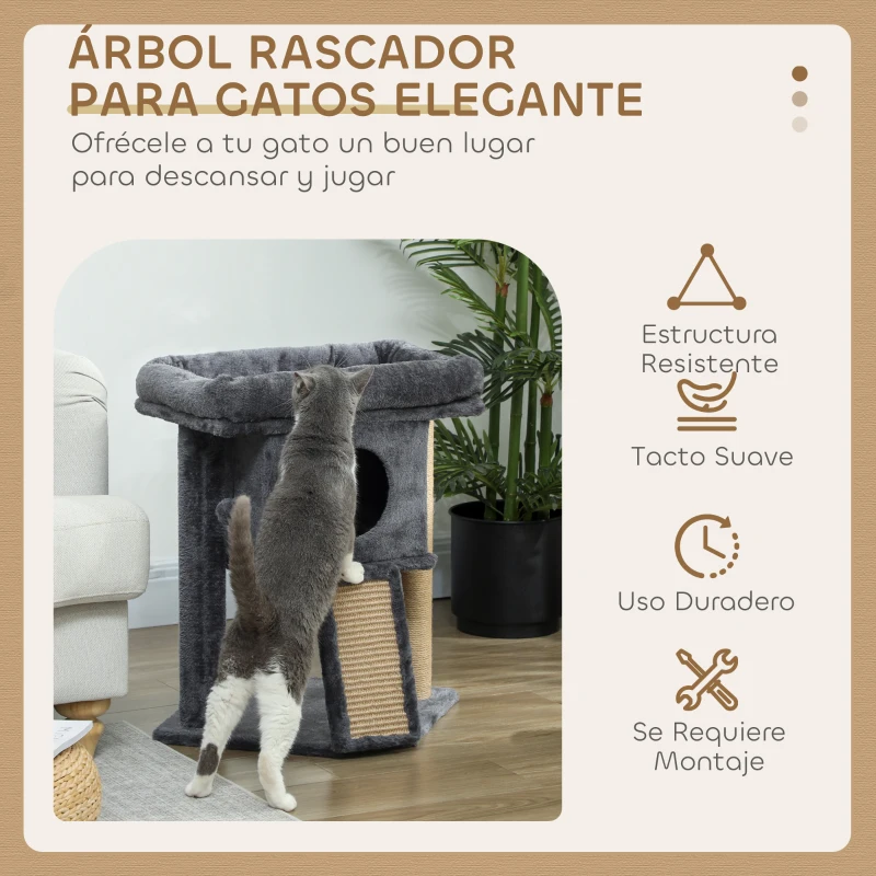 PawHut Árbol Rascador para Gatos Pequeños 57 cm con Rampa para Rascar Cueva Cama y Bola Colgante 40x40x57 cm Gris Oscuro