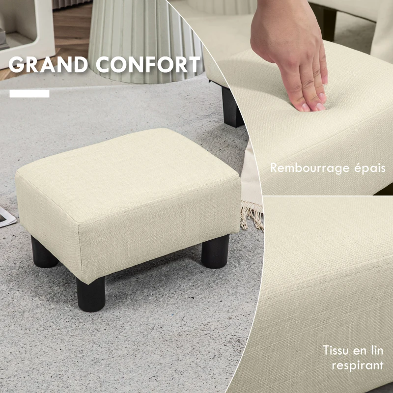 HOMCOM Pouf repose-pied tabouret bas en tissu de lin capacité de charge 110 Kg 40 x 30 x 24 cm beige