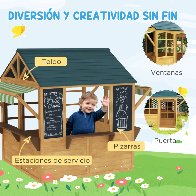 AIYAPLAY Casita de Juegos Infantil de Madera con Ventanas Pizarras Tejado y Toldo 173x117x144 cm Madera Natural
