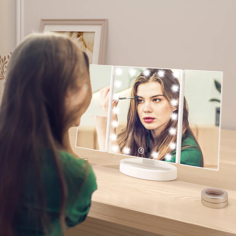 HOMCOM Espejo Maquillaje con Luz Aumento 1X/2X/3X Rotación Libre de 180° 21 Luces LED Interruptor Táctil Blanco