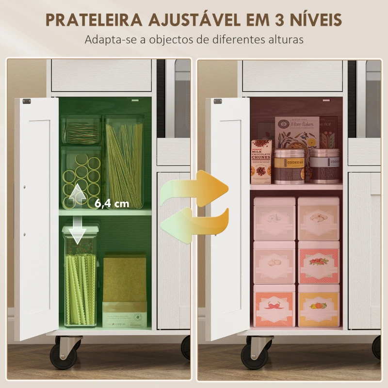 HOMCOM Móvel Auxiliar de Cozinha com Rodas para Microondas com Bandeja Deslizante Gaveta 3 Portas Prateleira Ajustável 80x40x88,7 cm Branco