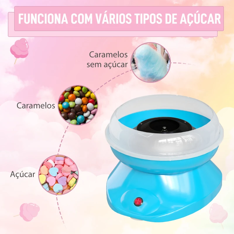 HOMCOM Máquina de Algodão Doce Potência 450W-550W Doce com Colher Medidora e 10 Palitos de Bambu 27x26x18 cm Azul