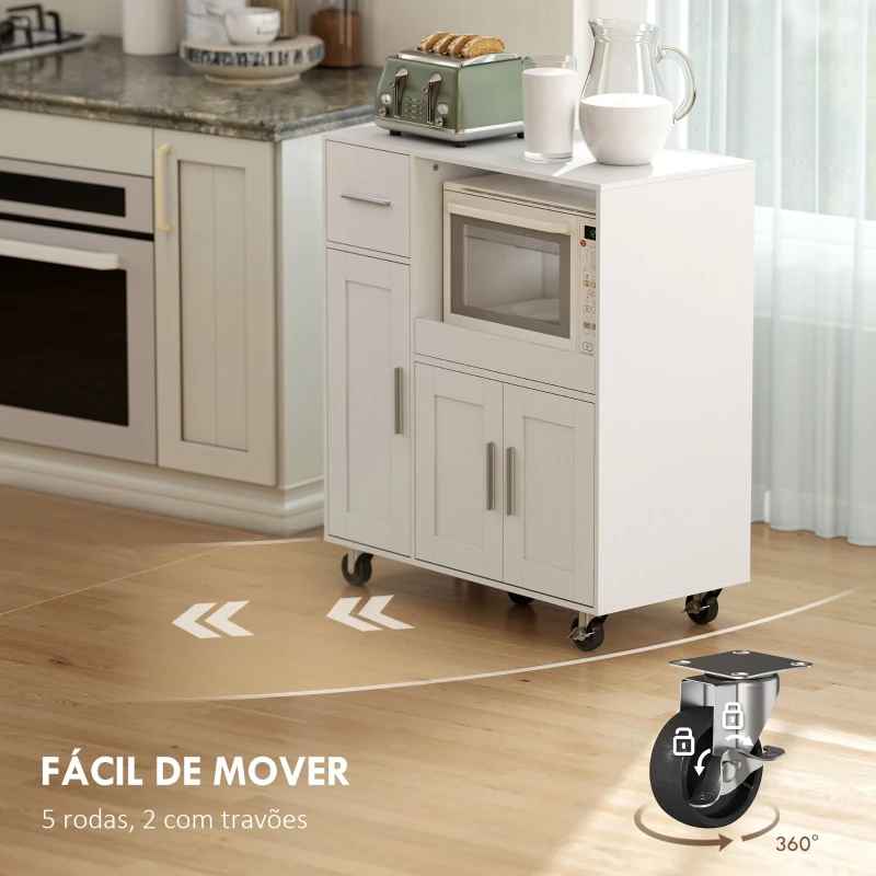 HOMCOM Móvel Auxiliar de Cozinha com Rodas para Microondas com Bandeja Deslizante Gaveta 3 Portas Prateleira Ajustável 80x40x88,7 cm Branco