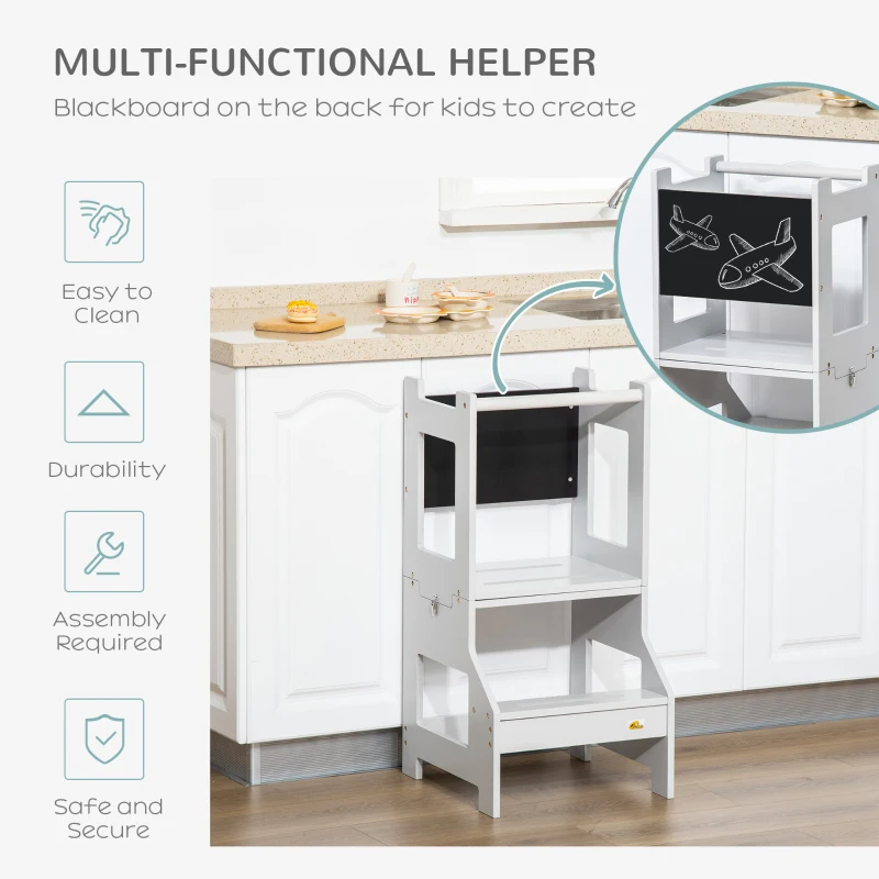 HOMCOM 2 in 1 Kids Kitchen Step Stool with Safety Rail Toddler Steps with Chalkboard for Kitchen Bathroom, White(m-6)