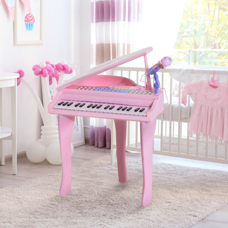 HOMCOM Piano à Queue électronique 37 Touches Multifonctions avec Micro Haut Parleur, lumière LED, fonction d'enregistrement et de relecture, instrument de musique enfant 3 à 6 ans Rose