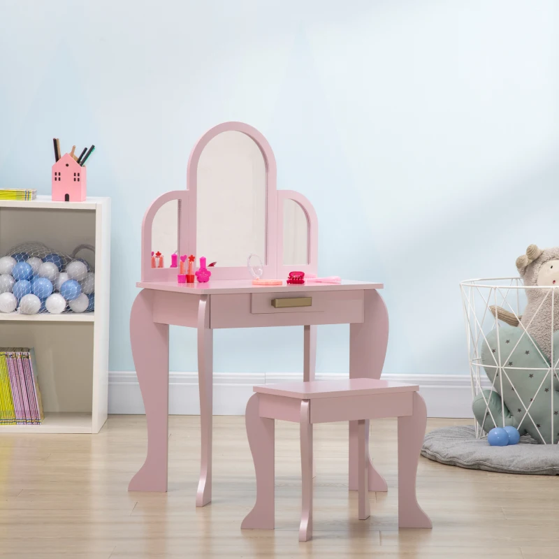 HOMCOM Kids Dressing Table Set, with Mirror and Drawer - Pink