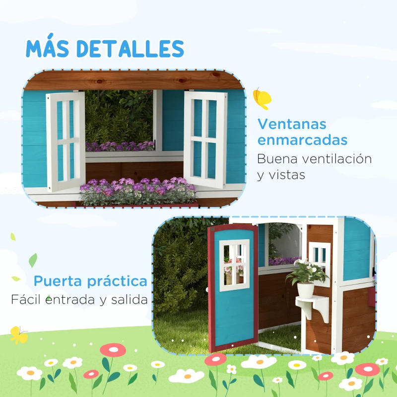 Outsunny Casita de Madera Infantil con Puerta Ventanas Jardineras y Repisas con Detalles de Color 114x126,4x135 cm Marrón Oscuro