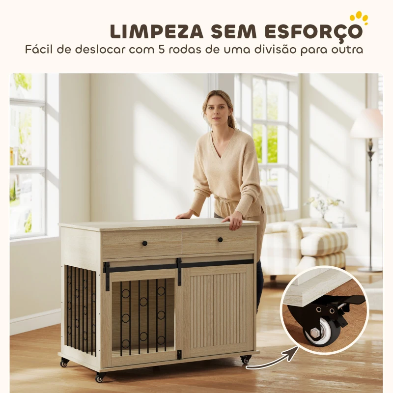 PawHut Gaiola para Cães Médios e Grandes Mesa de Apoio Moderna com 2 Gavetas 2 Portas e Fecho 100x56x81 cm Carvalho