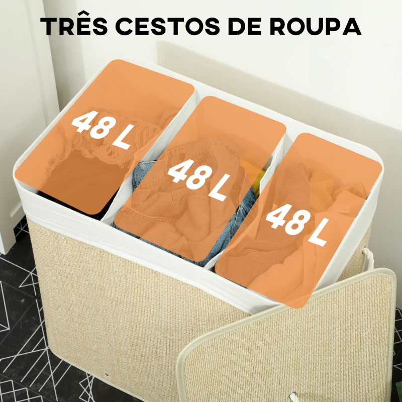 HOMCOM Cesto de Roupa Suja com Tampa 144L Cesto de Roupa Suja de Bambu com 3 Compartimentos 60x40x60 cm Creme