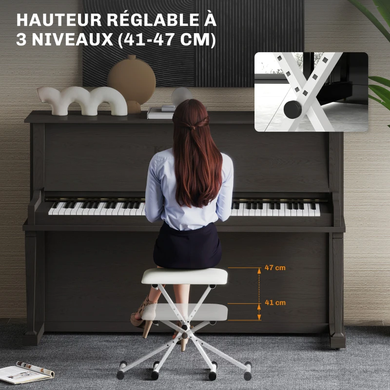 HOMCOM Tabouret piano pliable, banc piano réglable en hauteur, siège rembourré en PU, 39 x 29 x 37-47 cm, blanc