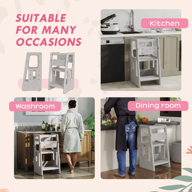 HOMCOM Kids Step Stool, with Adjustable Platform and Non-Slip Mat – Grey