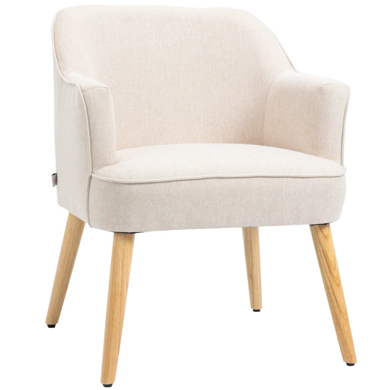 HOMCOM Butaca de Salón Moderna Sillón Tapizado en Lino Sintético Patas de Madera para Dormitorio Oficina 64,5x65x79,5 cm Crema