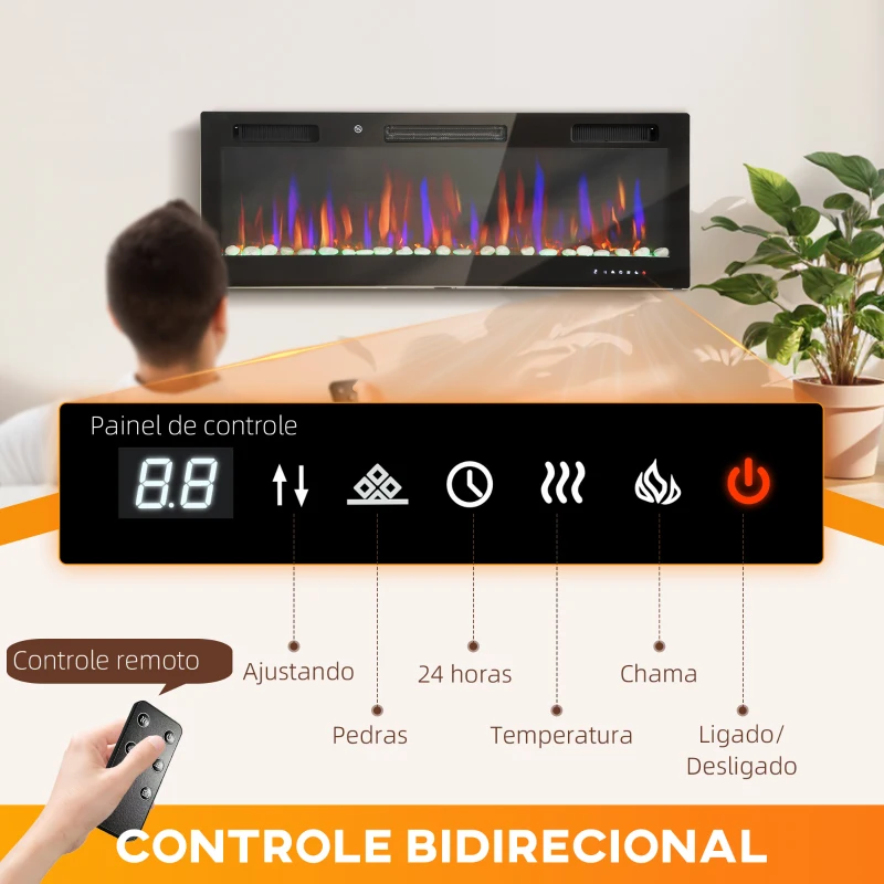 HOMCOM Lareira Elétrica Ultrafina de Parede e Embutir com Chama 3D Brilho/Velocidade Ajustável 12 Cores Pedras 900/1800W 127x9,4x47 cm Preto