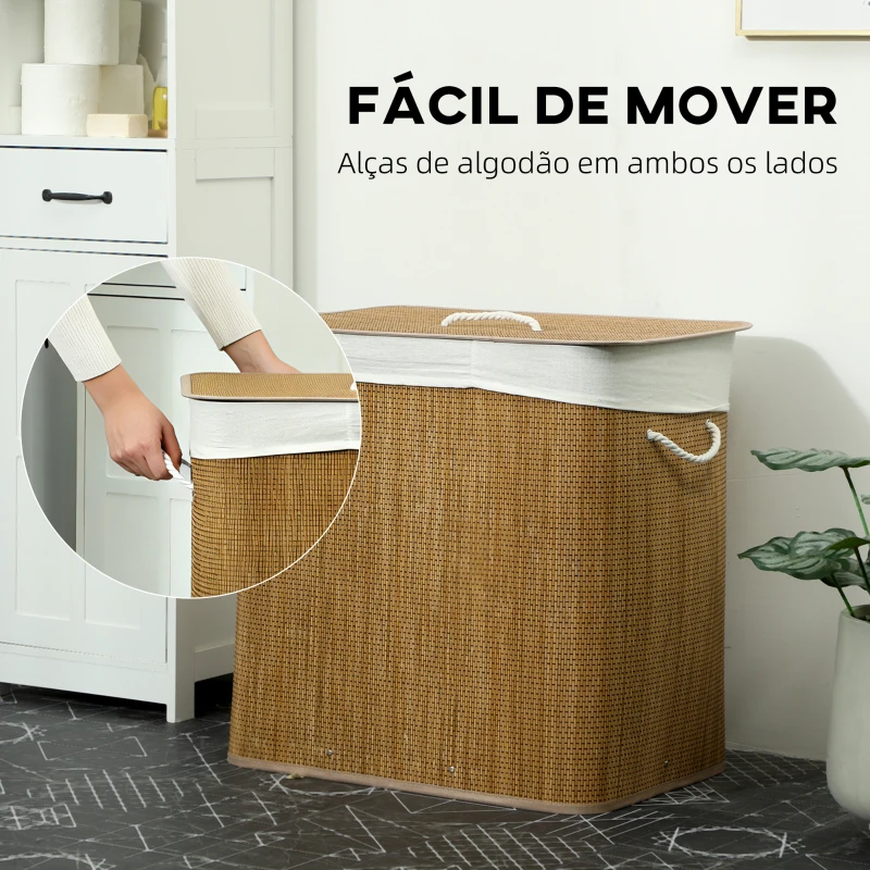 HOMCOM Cesto de Roupa Suja com Tampa 144L Cesto de Roupa Suja de Bambu com 3 Compartimentos 60x40x60 cm Castanho