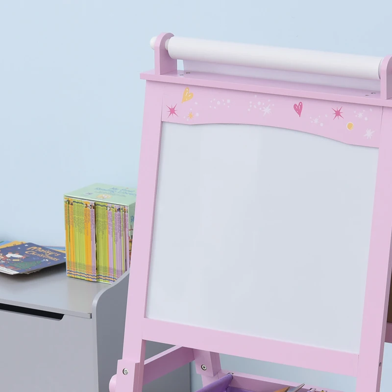 HOMCOM Kids Easel 3 in 1 Wooden Art Easel with Paper Roll Double-Sided Chalkboard & Whiteboard with Storage Baskets for Toddler Girls, Pink