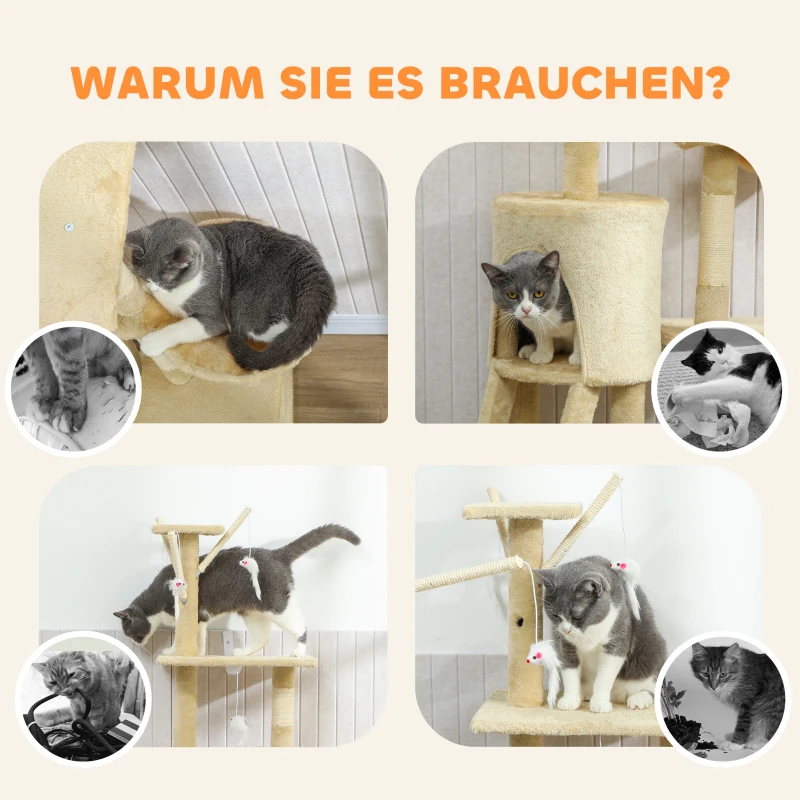 PawHut Kratzbaum 134,2 cm Katzenturm mit Höhle, 2 Spielzeuge Sisalstämme, große Plattform, Treppe, mehrstöckiger Katzenkratzbaum, Kletterbaum, für mittelgroße Katzen, Beige+Weiß