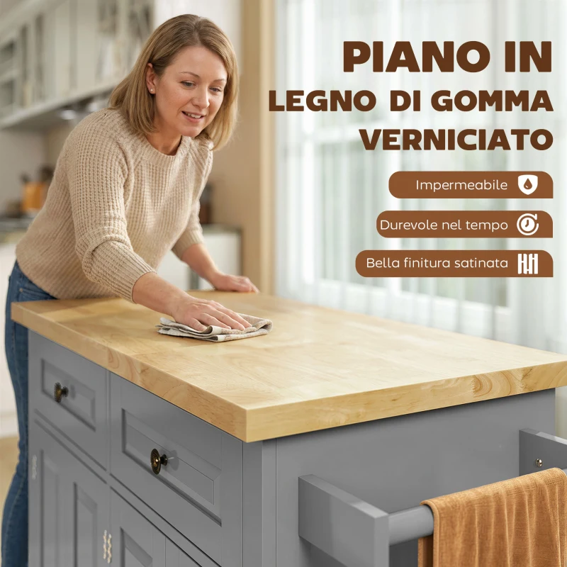 HOMCOM Carrello da Cucina con 2 Cassetti e 2 Armadietti, Piano in Legno, Portaspezie e Porta Canovacci, Grigio