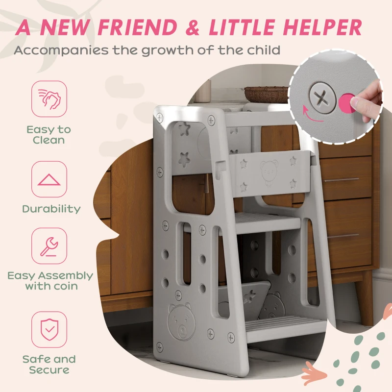 HOMCOM Kids Step Stool, with Adjustable Platform and Non-Slip Mat – Grey