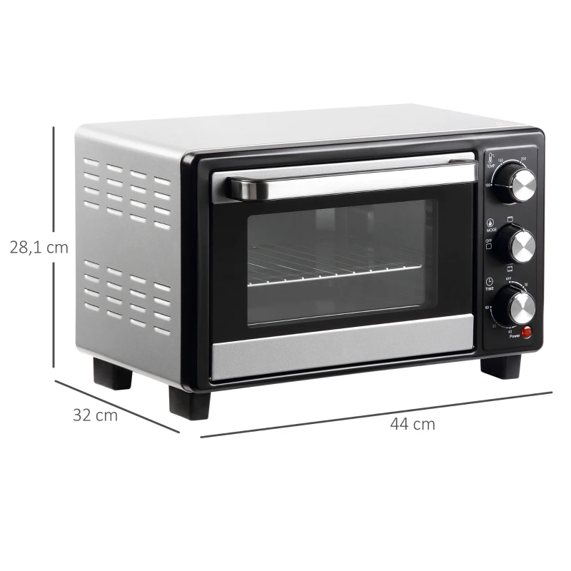HOMCOM Horno Portátil 16L 1400W con 3 Modos de Calor Temporizador Bandeja de Horneado y Rejilla 44x32x28,1 cm Plata