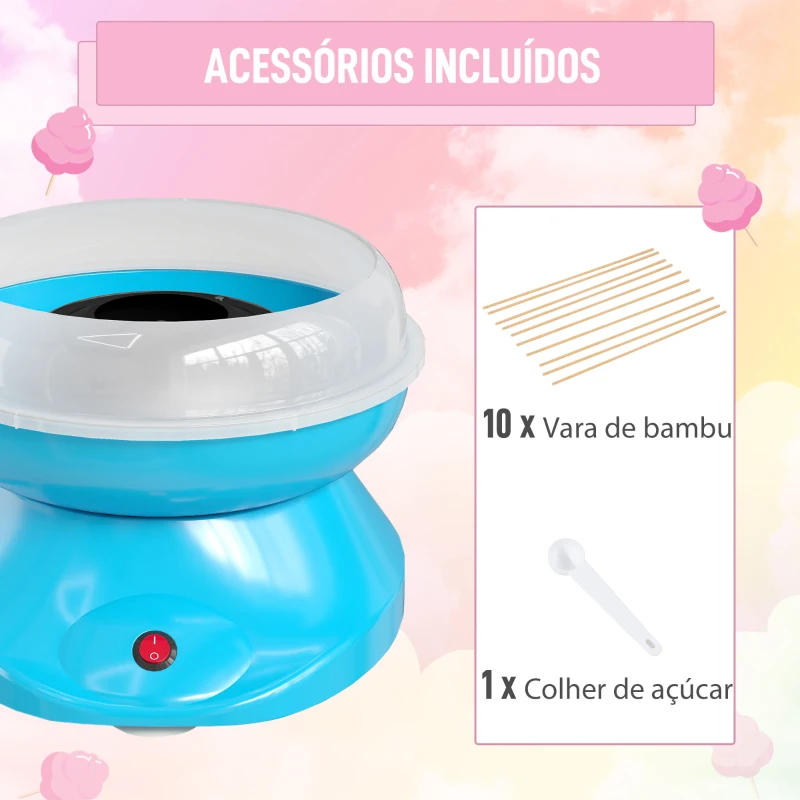 HOMCOM Máquina de Algodão Doce Potência 450W-550W Doce com Colher Medidora e 10 Palitos de Bambu 27x26x18 cm Azul