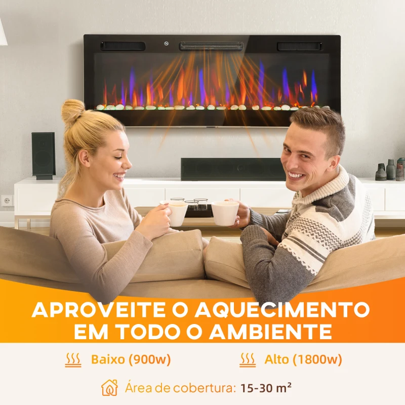 HOMCOM Lareira Elétrica Ultrafina de Parede e Embutir com Chama 3D Brilho/Velocidade Ajustável 12 Cores Pedras 900/1800W 127x9,4x47 cm Preto